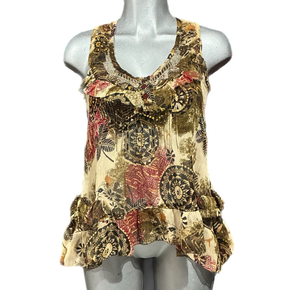 Vintage Y2K Solitaire Floral Boho Sleeveless Blouse Ruffle Hem Beaded Neckline L